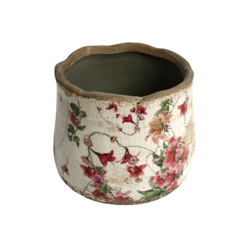 Y4650123 Ceramic Wavy Rim Pot - Pink Lily Flower And Edelweiss