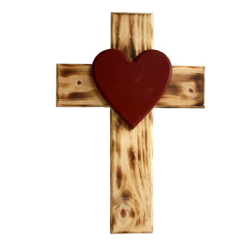 CROSS3 Wooden Cross - Burned and Red Heart