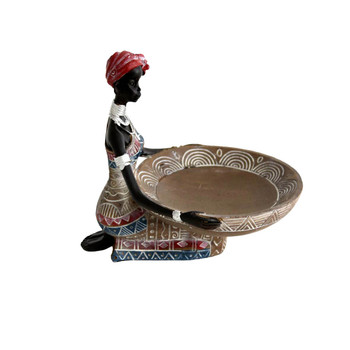 LY200917 Resin Craft - Tribal Lady Holding Faux Wood Flat Bowl