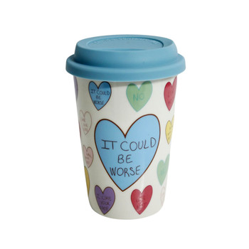 5496AR26C Ceramic Travel Mug - Blue Lid, Candy Hearts