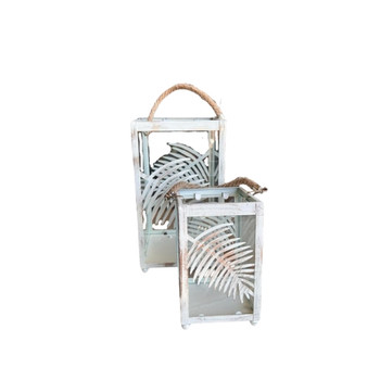 S1122 Storm Lantern Set Of 2 - Palm Leaf, Rope Handle