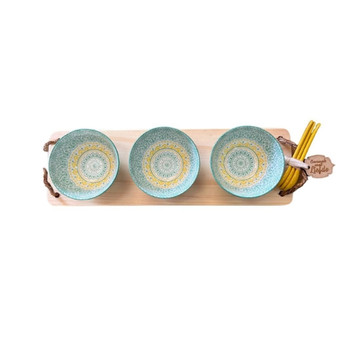 PBON52 Wood Platter 3 Bowls - Green And Yellow