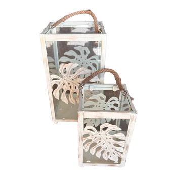 M122 Storm Lanterns Set Of 2 - White Monstera Leaf