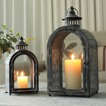 T216 Storm Lanterns Set Of 2 - Weathered Grey, Retro Shape