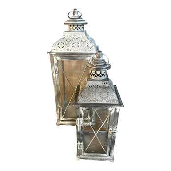 T19003 Storm Lanterns Set Of 2 - Weathered Grey, Crisscross