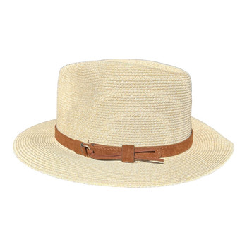 0132H1B Fedora Hat - Cream, Brown Faux Leather Band