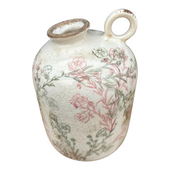P7233633 Ceramic One Ear Jug - Green And Pink Floral Outlines