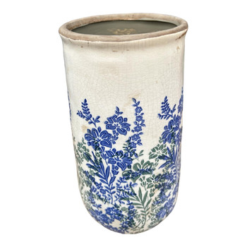 P3083582 Ceramic Long Vase - Blue And Green Floral Silhouettes