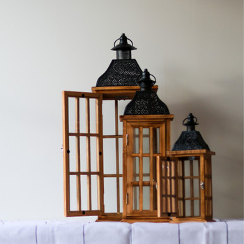 S7124 Lantern Set Of 3 - Wood Windows And Grey Roof S7124 Lantern Set Of 3 - Wood Windows And Grey Roof