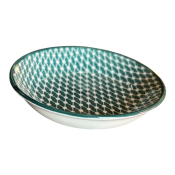 CB387L Ceramic Flat Bowl - Green White Lines Dots