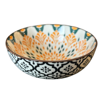 ZY026H Ceramic Bowl - Orange Green Diamonds, Black Flares