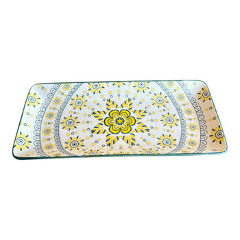 ZY033B Ceramic Rectangle Plate - Yellow Flowers And Circles