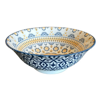 ZY006D Ceramic Bowl - Orange Blue Diamonds, Blue Flares