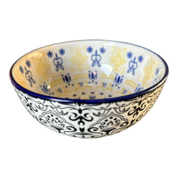 ZY017B Ceramic Bowl - Blue Yellow Flower Mandala, Black Flares