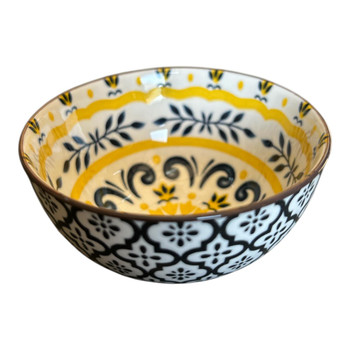 ZY059I Mini Ceramic Bowl - Blue Flares, Yellow Lines, Black Flares