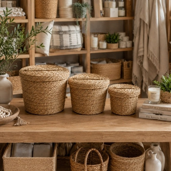 GY01 Round Woven Storage Basket Set of 3 with Lids