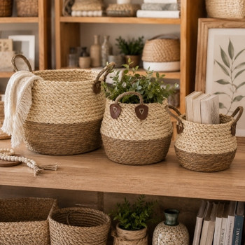 GY201 Woven Storage Basket Set of 3 with Handles – Natural Two-Tone
