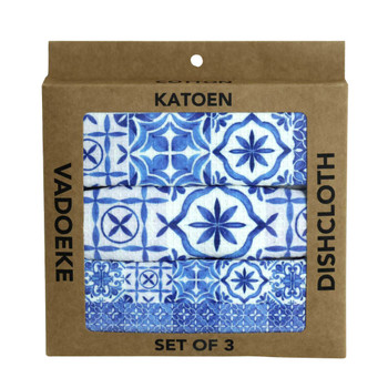 DCBOX47 Dishcloth Box (Set 3) - Blue Flowered Tiles