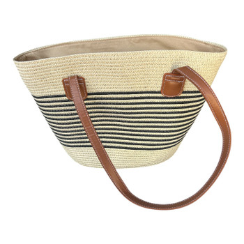 0799C Brown Faux Leather Handles Handbag - Black and Beige Stripes