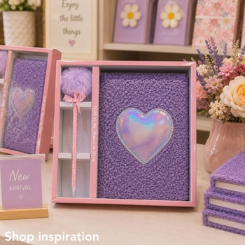 FY13F A5 Plush Notebook Gift Set – Lavender with Iridescent Heart