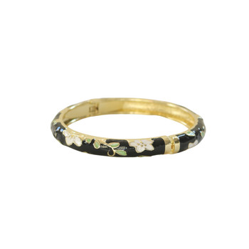 S2024138F Hinged Enamel Bangle Bracelet – Black with White Floral Design