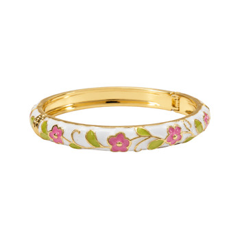 S2024139E Hinged Enamel Bangle Bracelet – White & Pink Florals