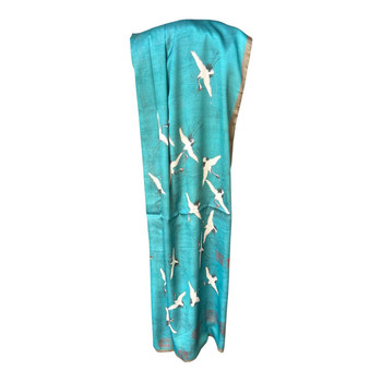 HH2605J Silk Scarf – Flying Cranes Over Teal Landscape