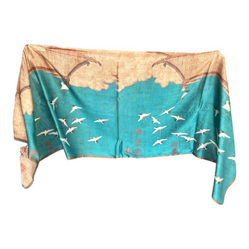 HH2605J Silk Scarf – Flying Cranes Over Teal Landscape