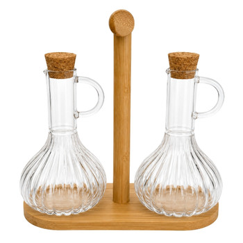 SYB099 Clear Glass Oil & Vinegar Dispenser Set – Bamboo Stand