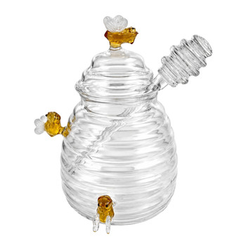 HJJX1 Glass Honey Pot with Dipper & Bee Accents
