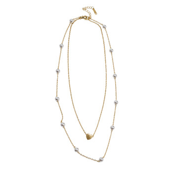 MLD57 Gold-Tone Layered Pearl & Heart Necklace