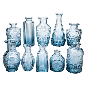 X0503B Vintage Blue Embossed Glass Bud Vase Collection No.2 (Set of 10)