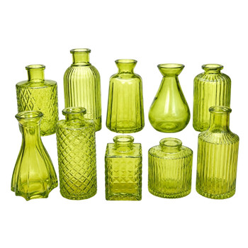 X0504A Vintage Olive Green Glass Bud Vase Collection No.1 (Set of 10)