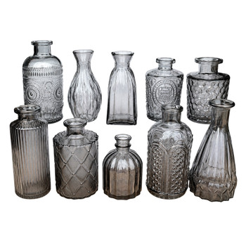 X0505B Vintage Smoke Grey Glass Bud Vase Collection No.2 (Set of 10)