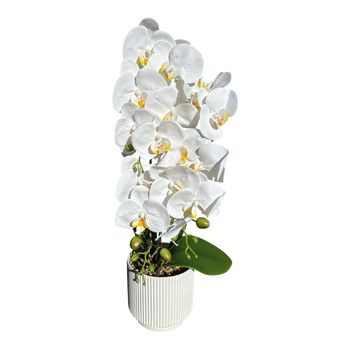 LM17481 Artificial White Orchid  in White Ribbed Planter 60cm