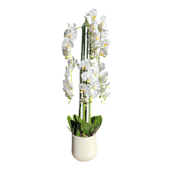 LM17515 Artificial Cascading White Orchid, White Ribbed Planter 115cm