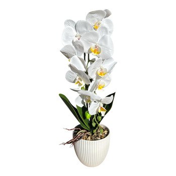 LM17526 Artificial White Orchid, White Ribbed Planter 50cm