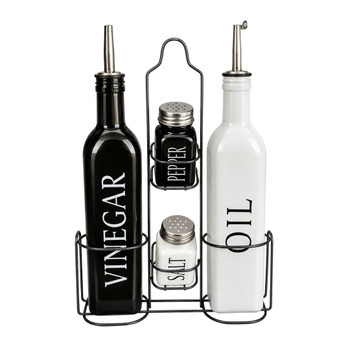 SBT1 White And Black Oil & Vinegar Set with Stand