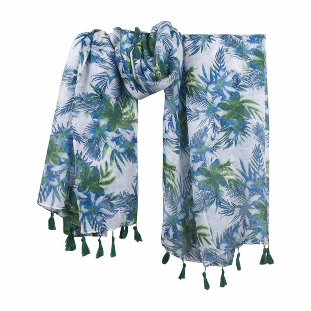 SKF1M Green Blue Flowers Scarf Tassels