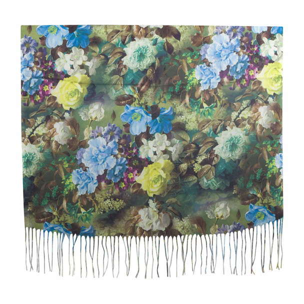 THX3C Green Blue Flowers Tassels Scarf