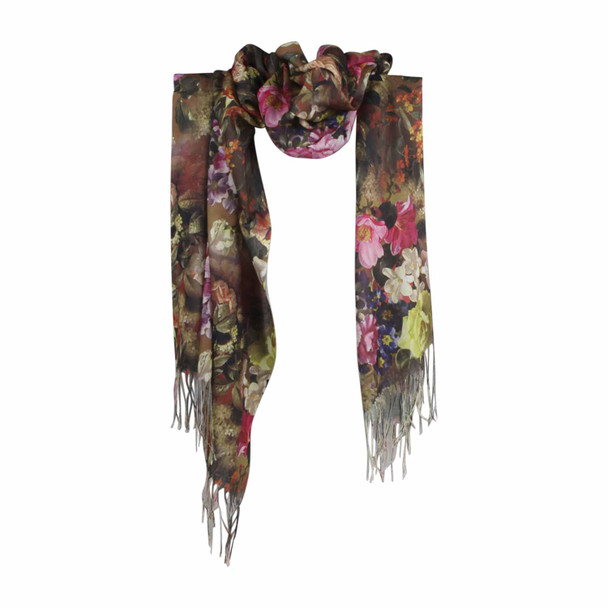 HY5C Yellow Pink Flowers Brown Scarf Tassels