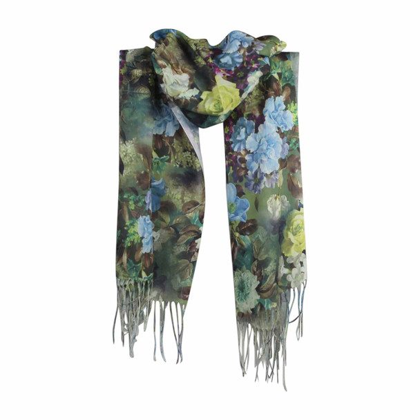 HY5D Blue Green Flowers Scarf Tassels