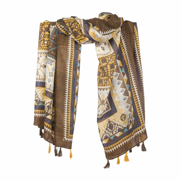 AML5A Brown Gold White Blocks Scarf Tassels