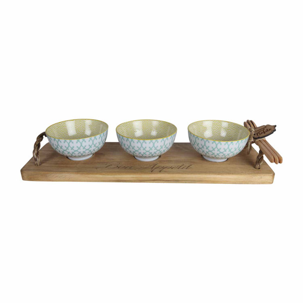BON9 Bon Appetit Engraved Wooden Tray with 3 Bowls and Wooden Spoons