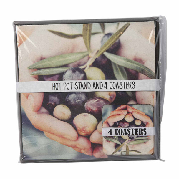 HPCS11 Wooden Hot Pot Stand with Coasters set of 4 - Olives