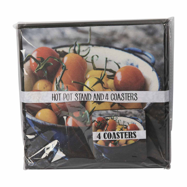 HPC20 Wooden Hot Pot Stand with Coasters set of 4 - Tomatoes in Enamel Dish