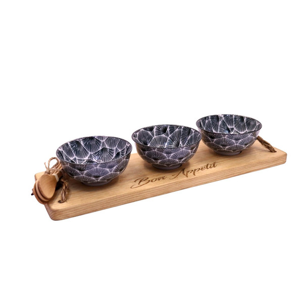 PLATR26 Bon Appetit Wooden Platter with 3 Bowls