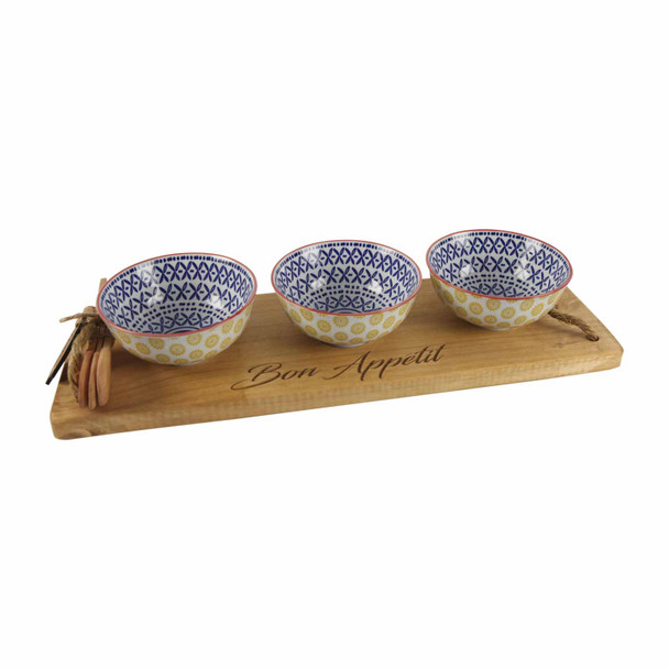 BON24 Bon Appetit Engraved Wooden Tray with 3 Bowls and Wooden Spoons