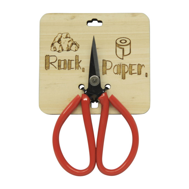 SSCI004 Small Red Handle Scissor Engraved Wood Holder - Rock, Paper and Scissors