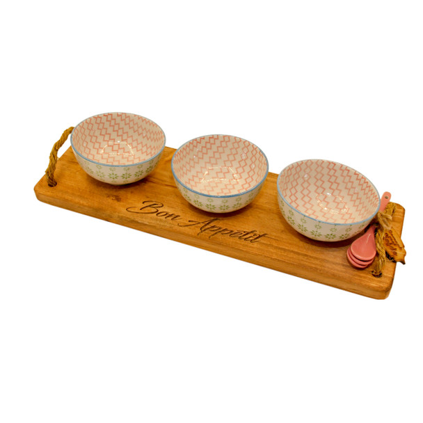 BON35 Bon Appetit Engraved Wooden Tray with 3 Bowls and Ceramic Spoons